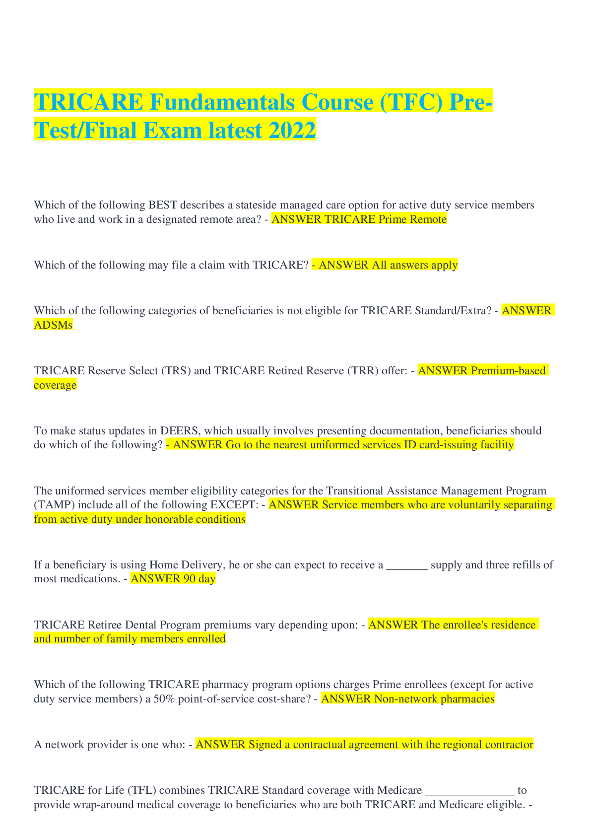 TRICARE Fundamentals Course (TFC) PreTest/Final Exam latest 2022